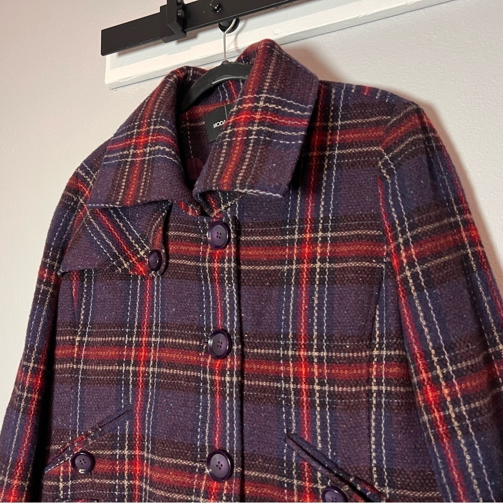 Moda International Wool Blend Peacoat Plaid Purple Red Single Breasted Size XL